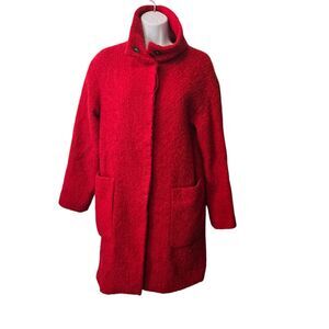 Zara Womens Wool Blend Fuzzy Oversized Midlength Red Peacoat Hidden Buttons XS